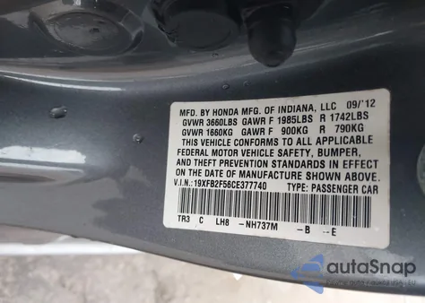 2012 Honda Civic Lx from USA, damaged, VIN 19XFB2F56CE377740